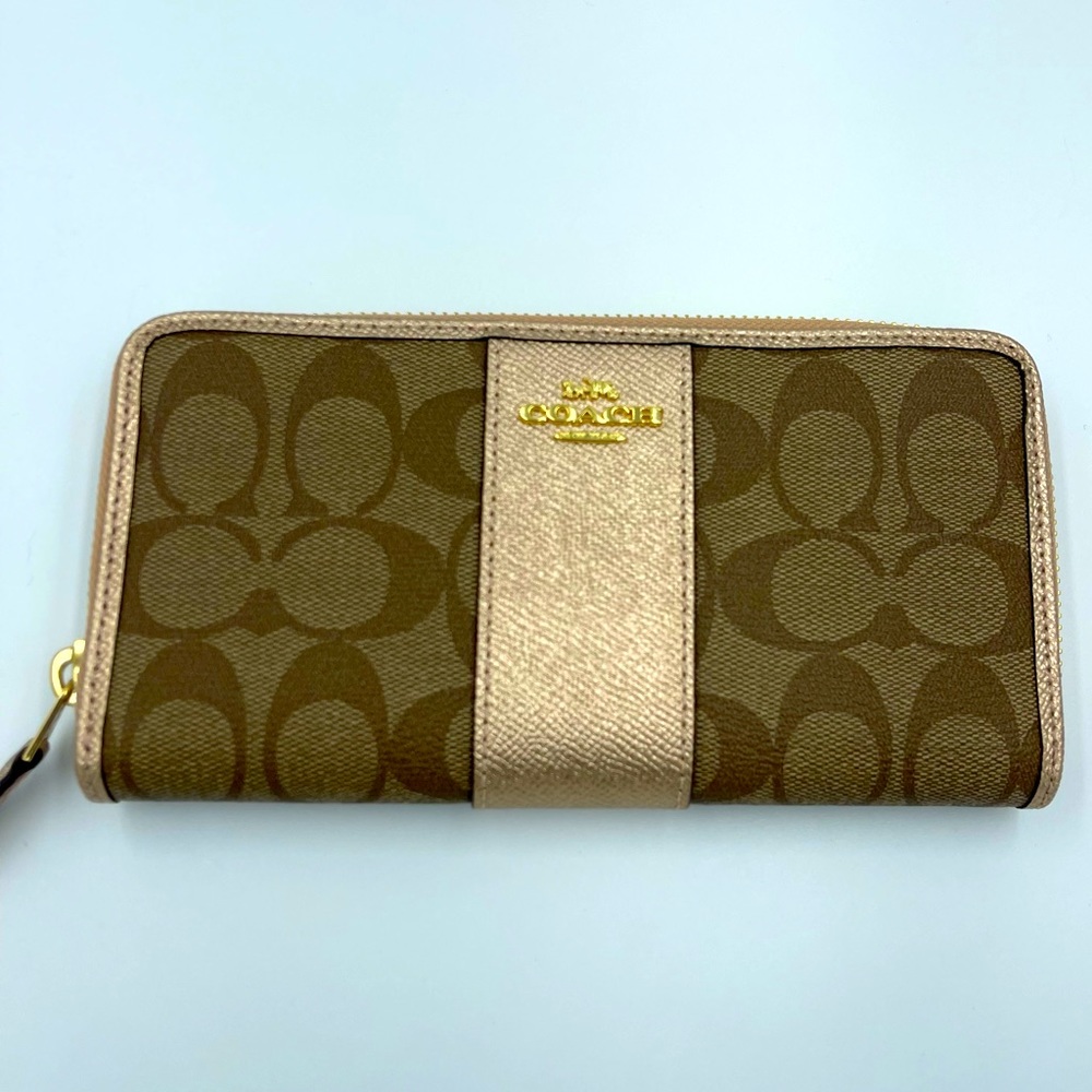 Coach Signature Accordion Zip Wallet Khaki & Rose Gold NWT